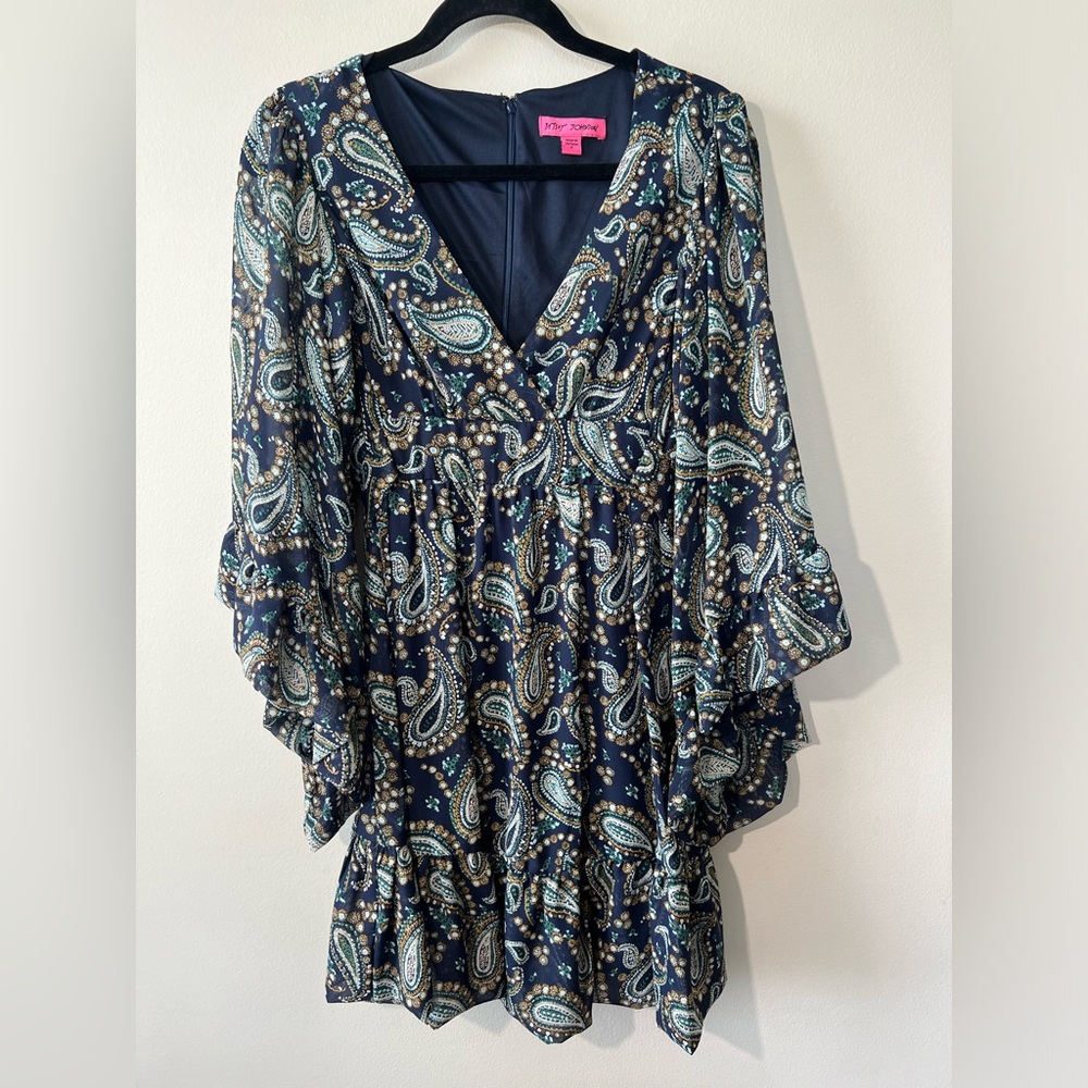 Betsey Johnson Blue‎ Green Ruffled Midi Dress Women 6 Bell Sleeve Paisley Boho